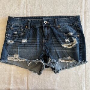 Empyre Denim Shorts Womens Size 11 Blue Distressed Frayed Hem Low Rise